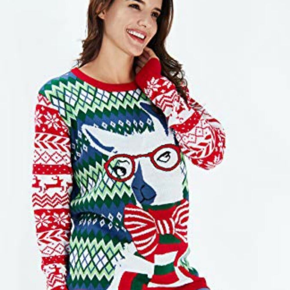 Raisevern Llama wearing glasses and a bow tie Christmas sweater medium